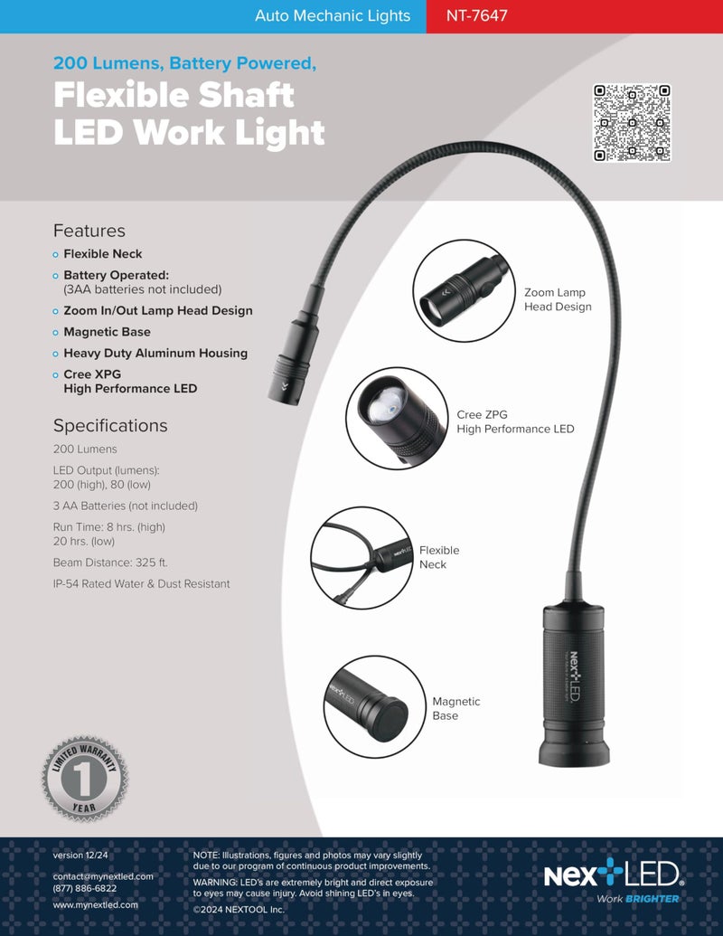 NextLED NT-7647 20-Inch Gooseneck Flashlight with Magnetic Base, Cree LED, Zoomable Lens, IP54 Rating Waterproof. Flexible LED Light, Work Bench, Auto Repair, Grill Light, Inspection - Image 2